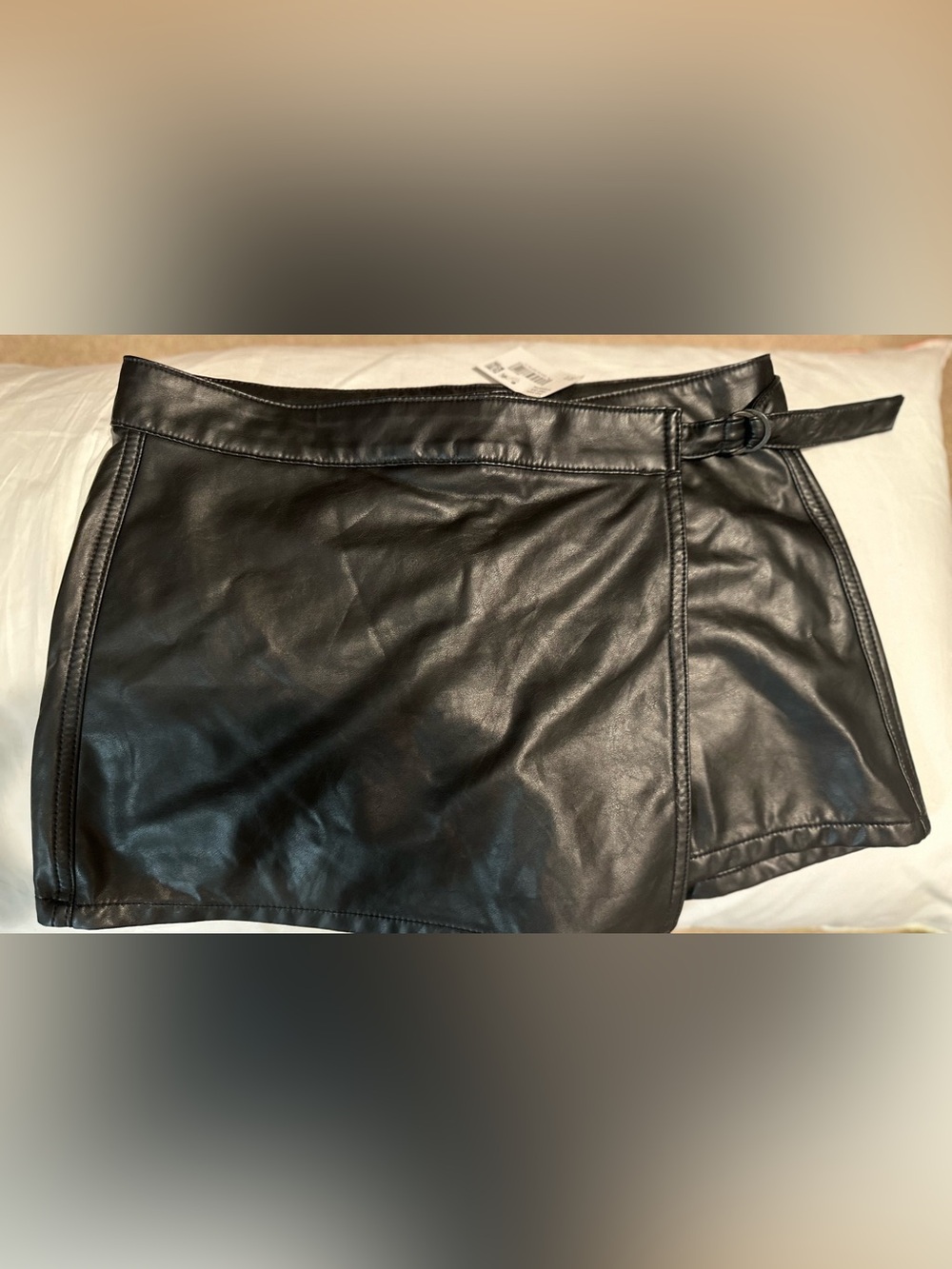 American Eagle Faux Leather Black Mini Skort with Side Buckle